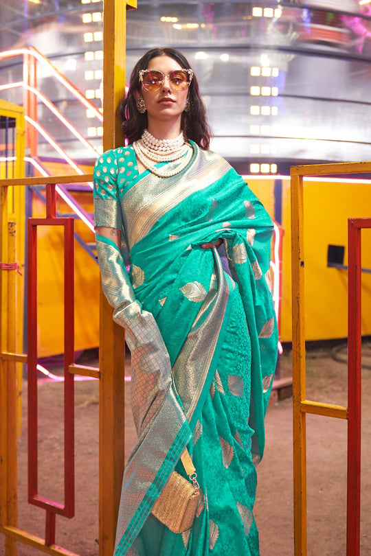 Cassie Turquoise Blue Handloom Weaving Silk Ready to Wear Saree