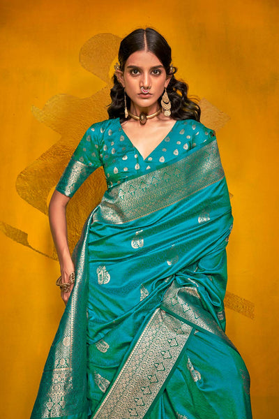 Giana Teal Two-Tone Handloom Weaving Silk One Minute Saree