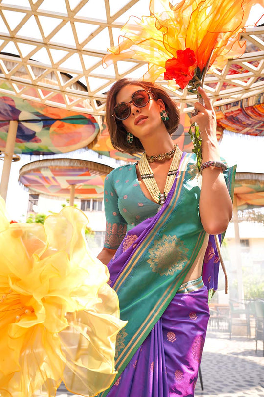 Uppal Violet Two Tone Contrast Handloom Weaving Silk One Minute Saree