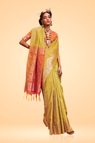 Anaya Yellow Tussar Silk Handloom Ikkat Pallu One Minute Saree