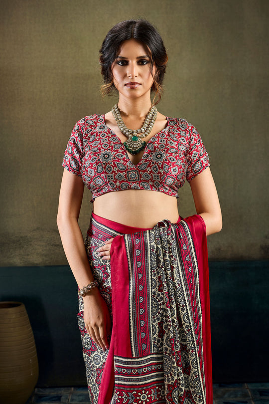 Bea Red &amp; Black Modal Satin Ajrakh Print Ready to Wear Saree