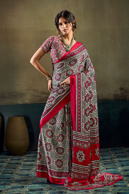 Bea Red &amp; Black Modal Satin Ajrakh Print Ready to Wear Saree