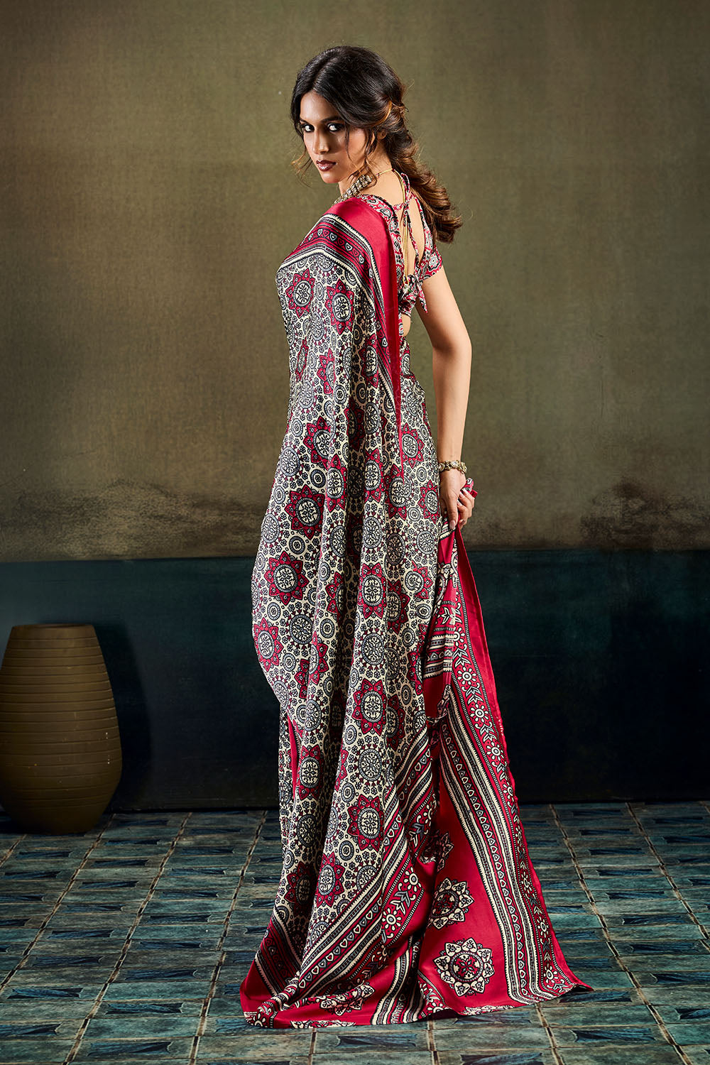 Bea Red & Black Modal Satin Ajrakh Print Ready to Wear Saree