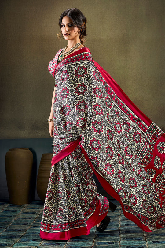 Bea Red &amp; Black Modal Satin Ajrakh Print Ready to Wear Saree