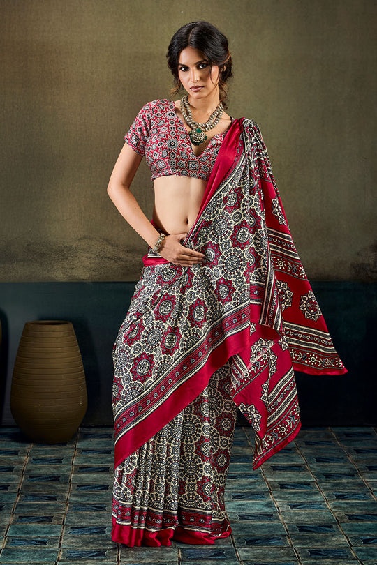 Bea Red &amp; Black Modal Satin Ajrakh Print Ready to Wear Saree