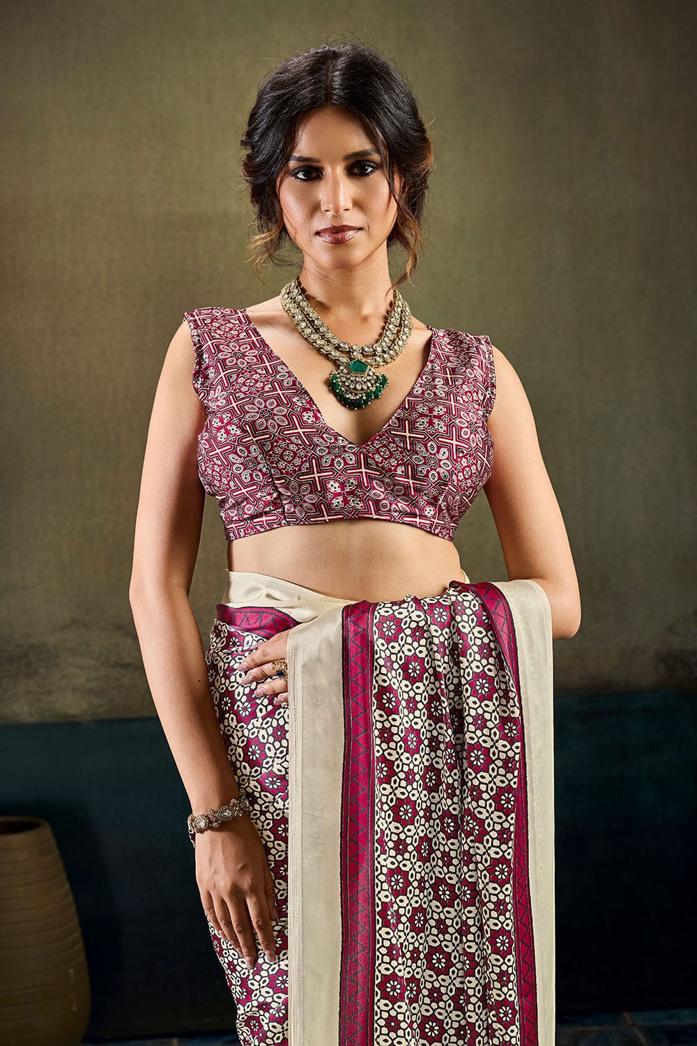 Bea Cream and Maroon Modal Satin Ajrakh Print Ready to Wear Saree