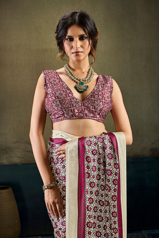 Bea Cream and Maroon Modal Satin Ajrakh Print Ready to Wear Saree