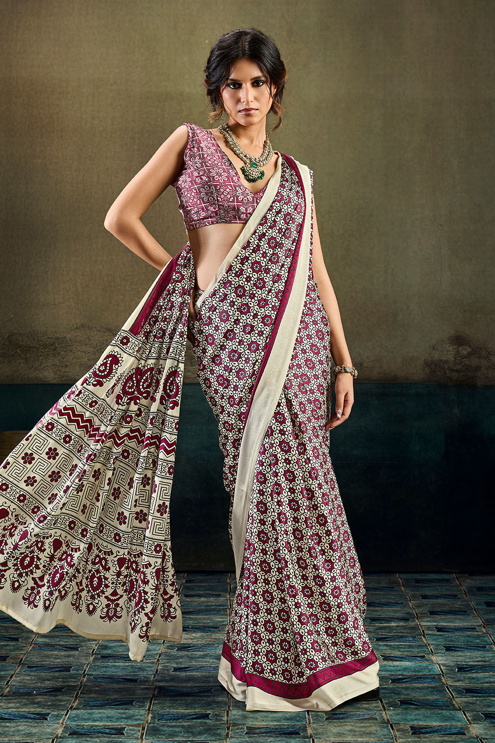 Bea Cream and Maroon Modal Satin Ajrakh Print Ready to Wear Saree