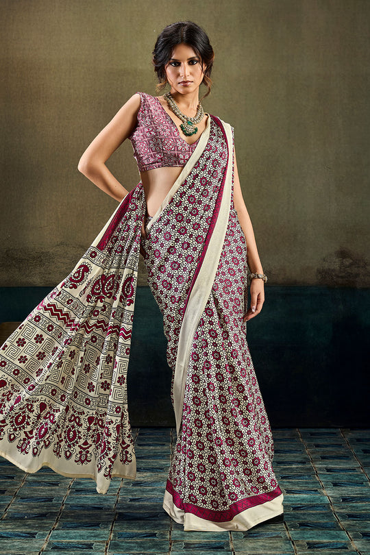Bea Cream and Maroon Modal Satin Ajrakh Print Ready to Wear Saree