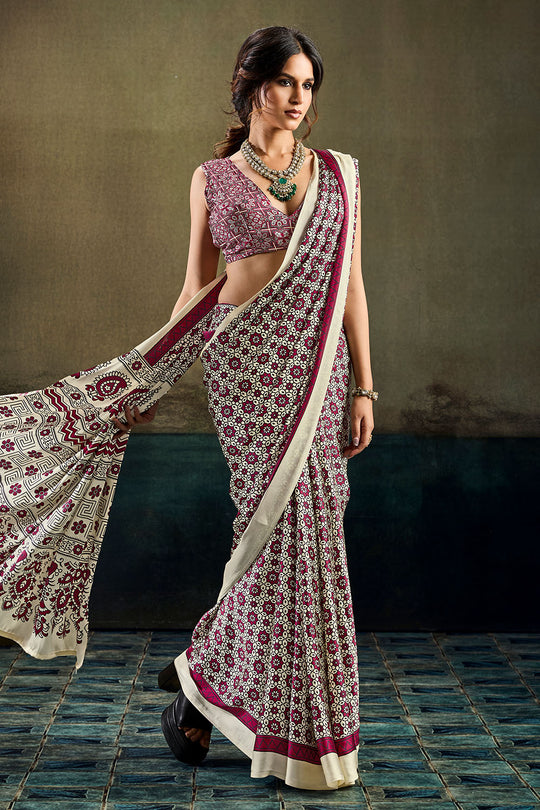 Bea Cream and Maroon Modal Satin Ajrakh Print Ready to Wear Saree