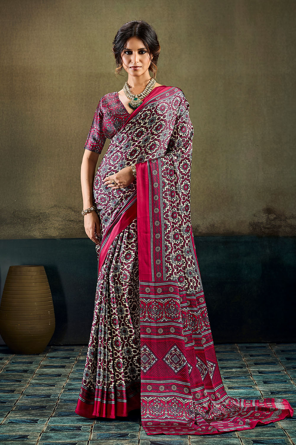 Bea Magenta &amp; Black Modal Satin Ajrakh Print Ready to Wear Saree