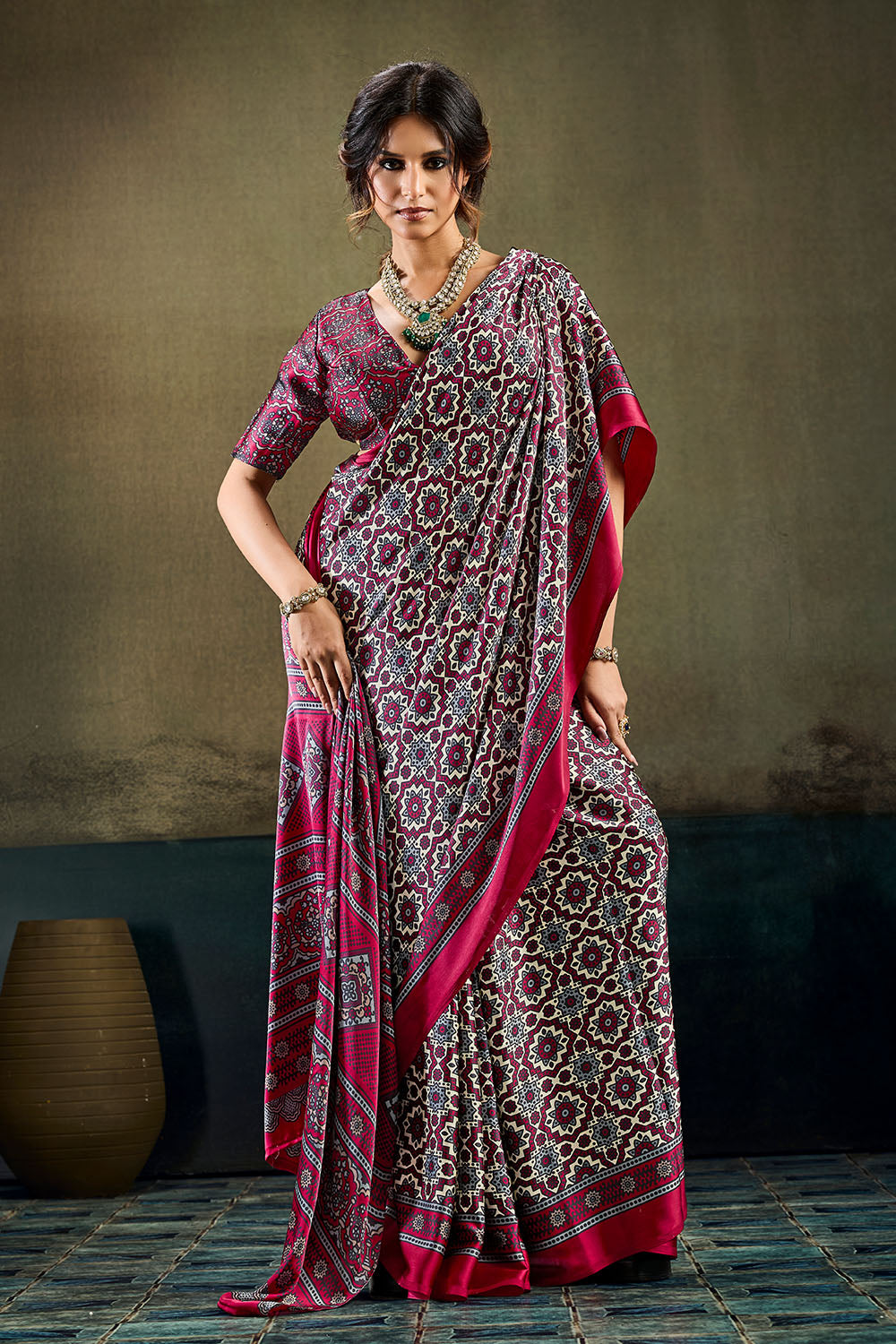 Bea Magenta &amp; Black Modal Satin Ajrakh Print Ready to Wear Saree