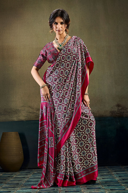 Bea Magenta &amp; Black Modal Satin Ajrakh Print Ready to Wear Saree
