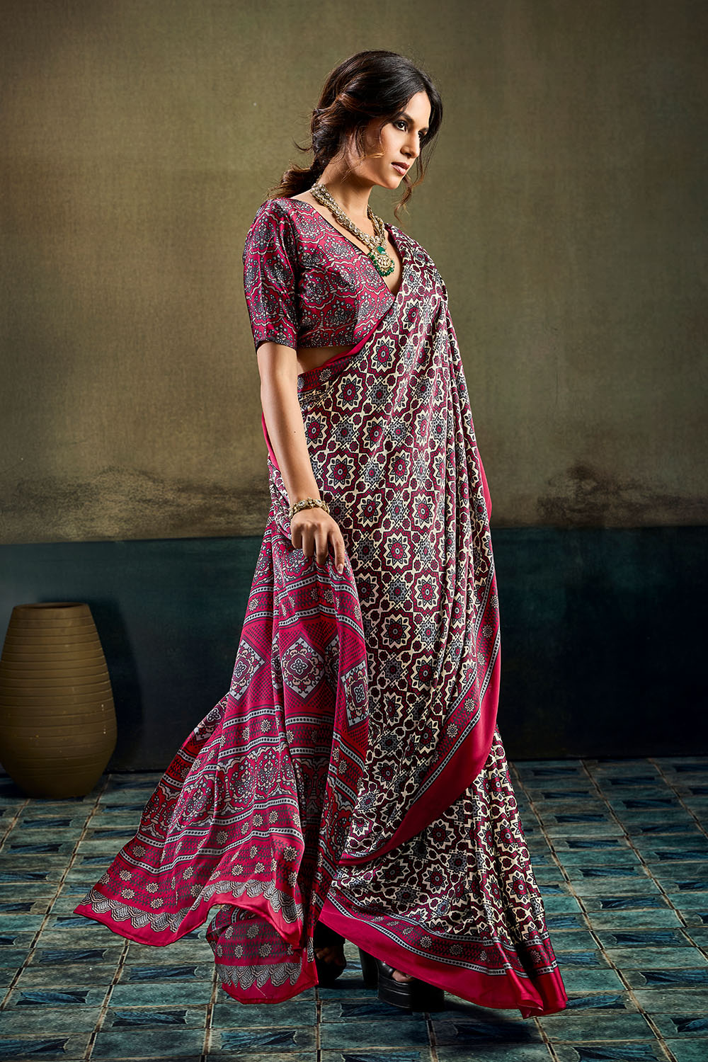 Bea Magenta &amp; Black Modal Satin Ajrakh Print Ready to Wear Saree
