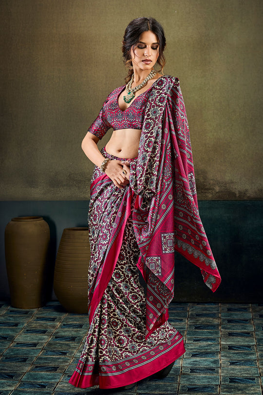Bea Magenta &amp; Black Modal Satin Ajrakh Print Ready to Wear Saree