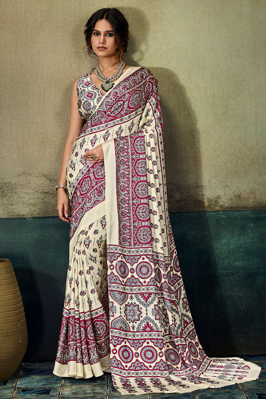 Bea Ivory White &amp; Magenta Modal Satin Ajrakh Print Ready to Wear Saree