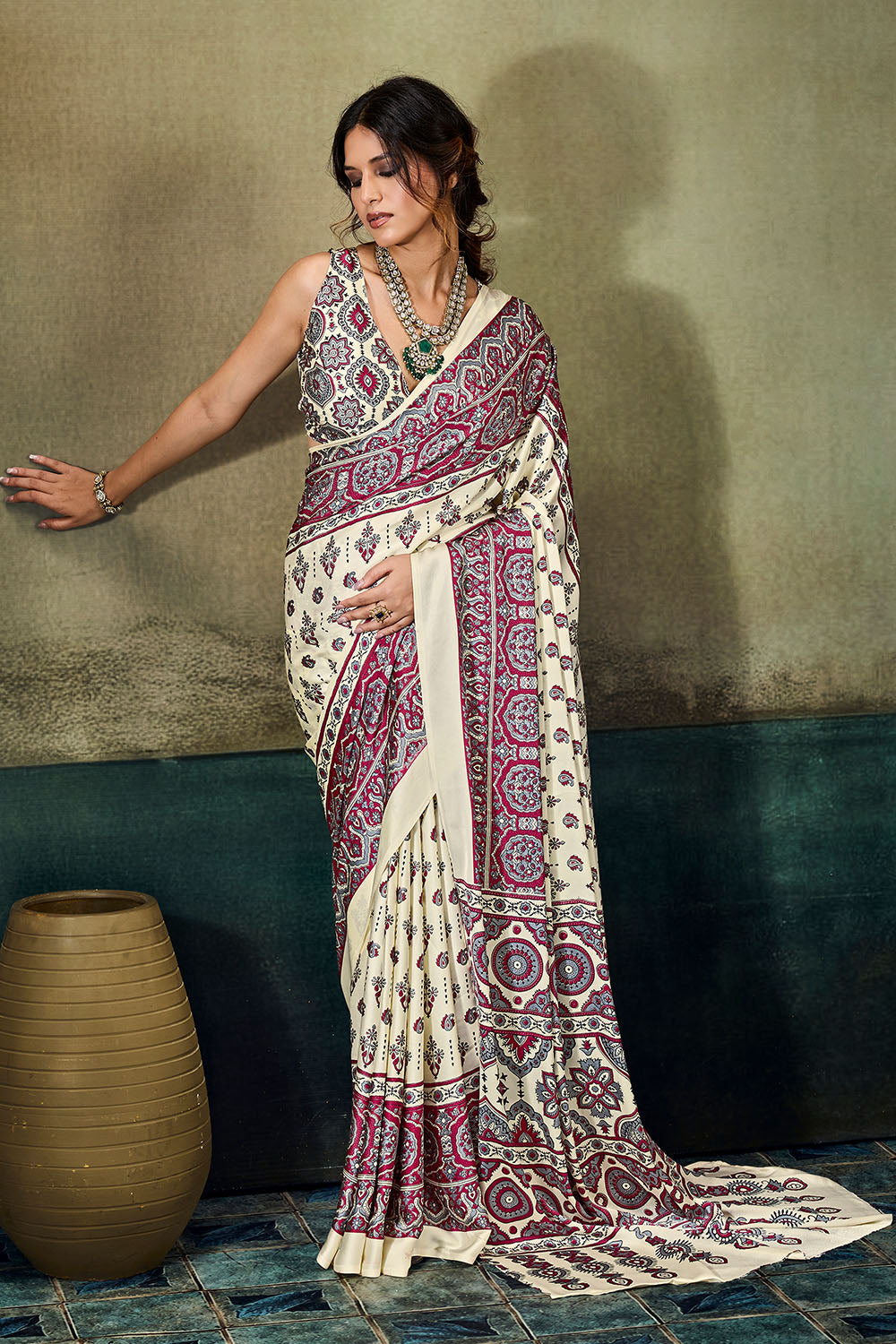 Bea Ivory White & Magenta Modal Satin Ajrakh Print Ready to Wear Saree
