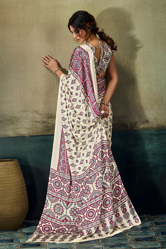 Bea Ivory White &amp; Magenta Modal Satin Ajrakh Print Ready to Wear Saree