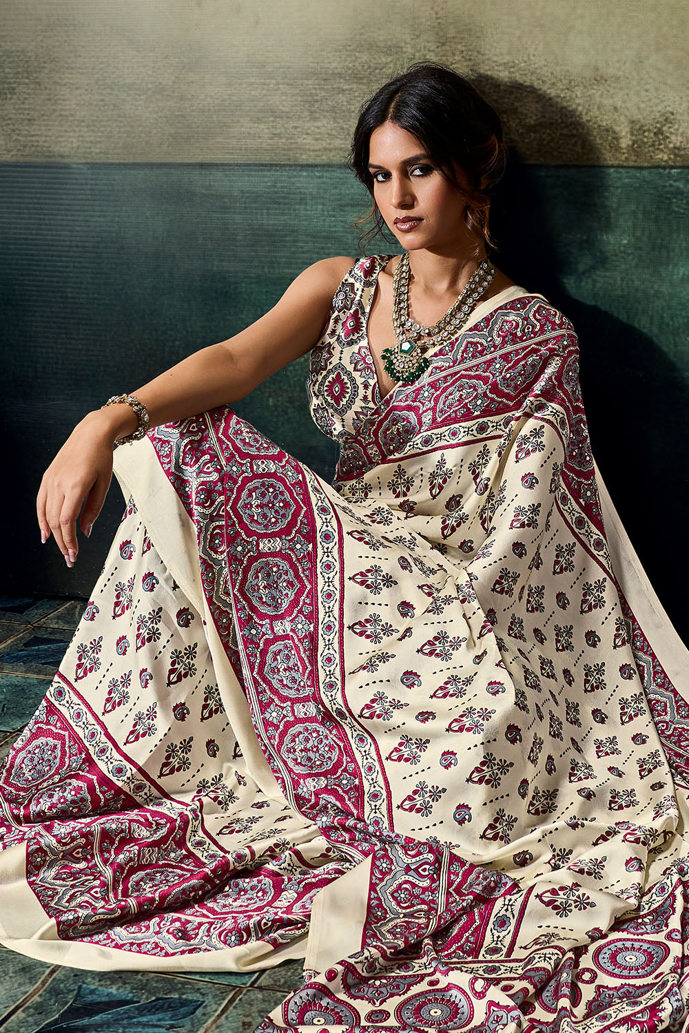 Bea Ivory White &amp; Magenta Modal Satin Ajrakh Print Ready to Wear Saree