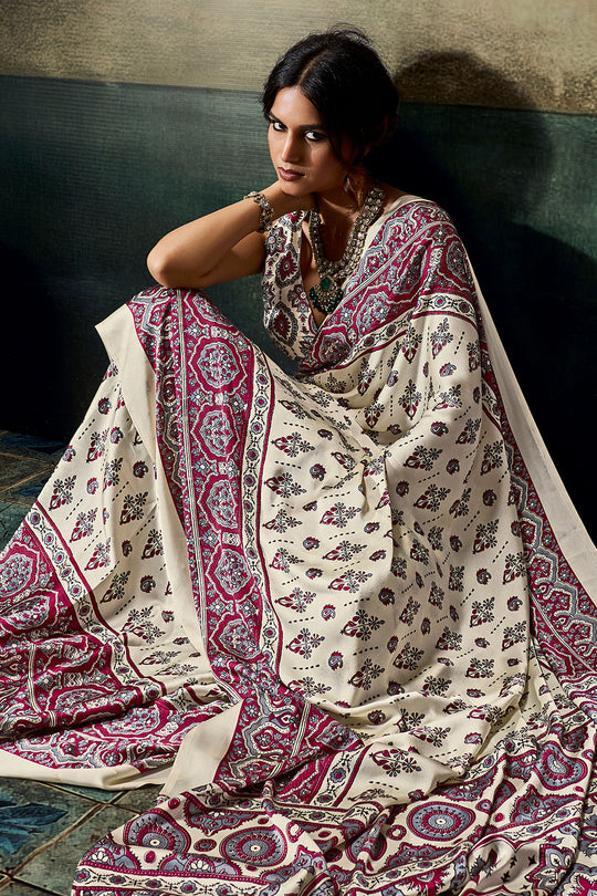 Bea Ivory White &amp; Magenta Modal Satin Ajrakh Print Ready to Wear Saree