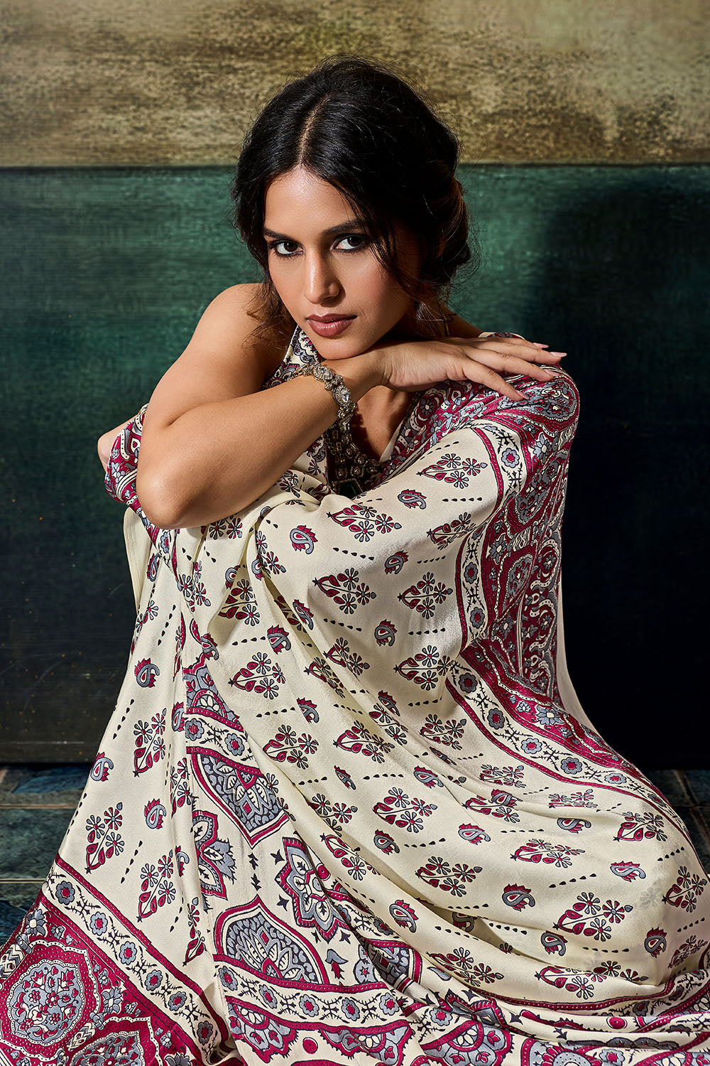 Bea Ivory White &amp; Magenta Modal Satin Ajrakh Print Ready to Wear Saree