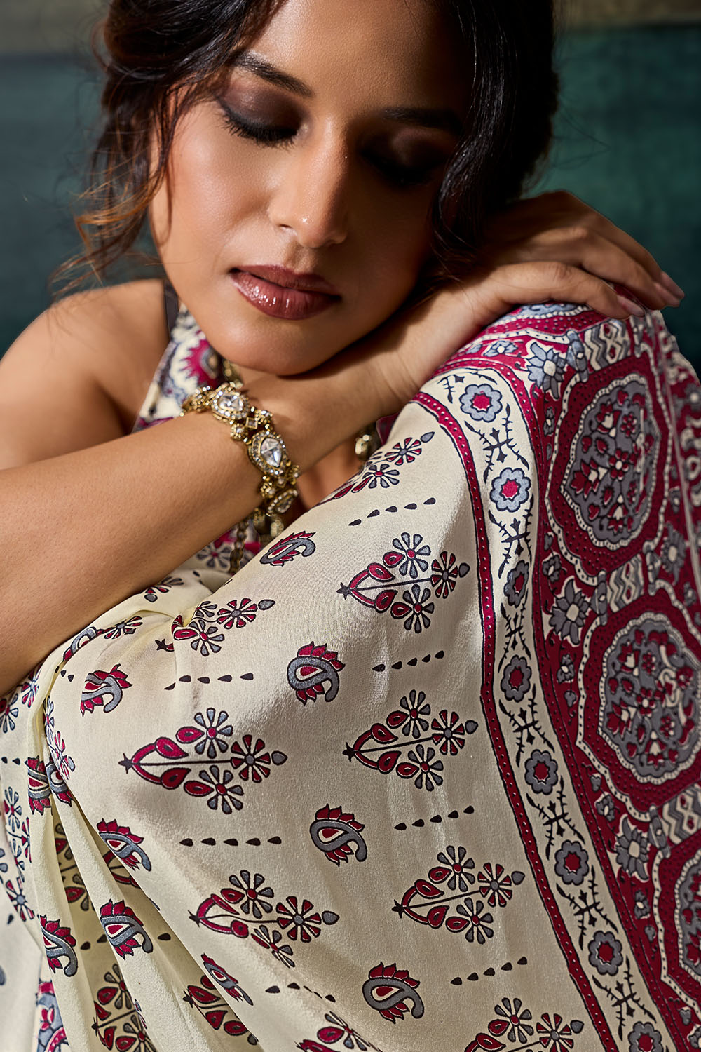 Bea Ivory White &amp; Magenta Modal Satin Ajrakh Print Ready to Wear Saree