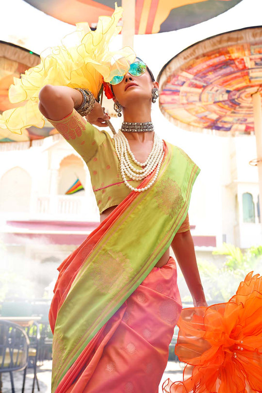 Uppal Orange Two Tone Contrast Handloom Weaving Silk One Minute Saree