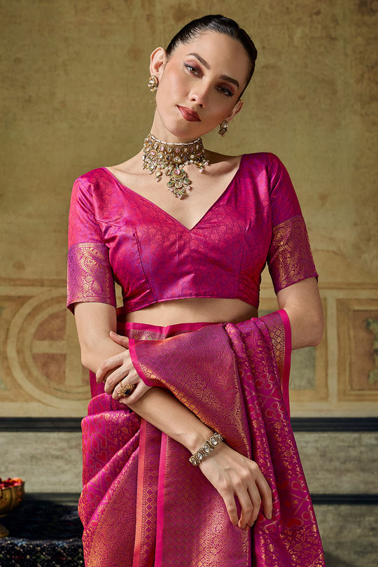 Azalea Magenta Pink Handloom Silk Zari Woven Designer Ready to Wear Saree