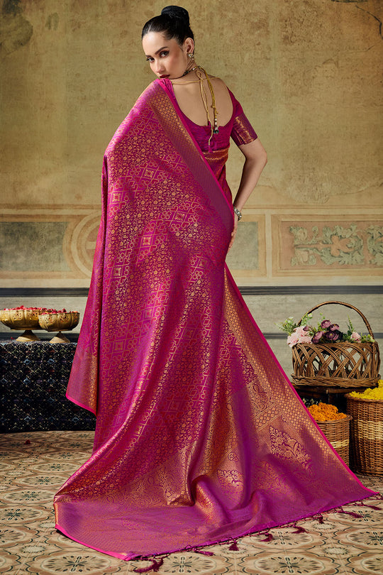 Azalea Magenta Pink Handloom Silk Zari Woven Designer Ready to Wear Saree