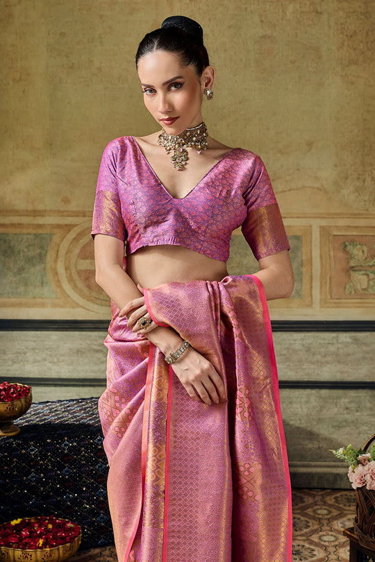 Azalea Peach Pink Handloom Silk Zari Woven Designer Ready to Wear Saree