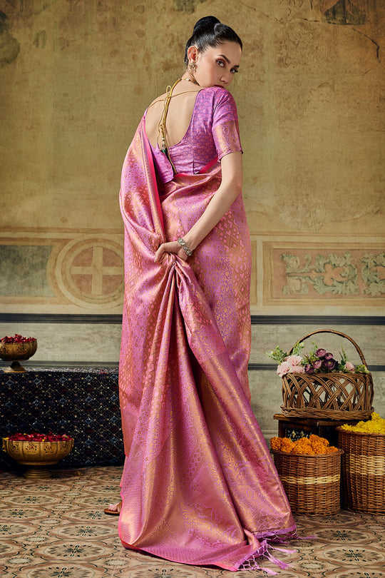 Azalea Peach Pink Handloom Silk Zari Woven Designer Ready to Wear Saree