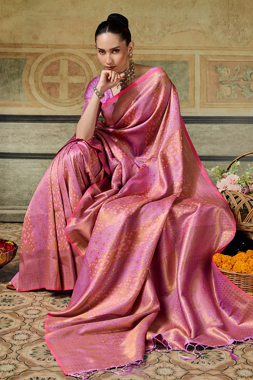 Azalea Peach Pink Handloom Silk Zari Woven Designer Ready to Wear Saree