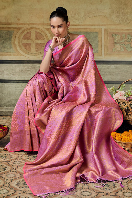 Azalea Peach Pink Handloom Silk Zari Woven Designer Ready to Wear Saree