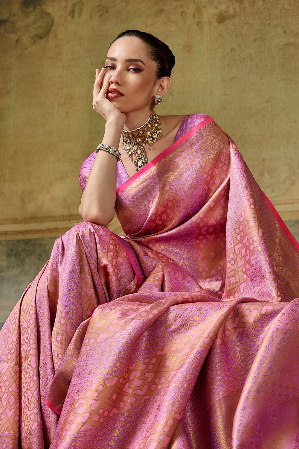 Azalea Peach Pink Handloom Silk Zari Woven Designer Ready to Wear Saree