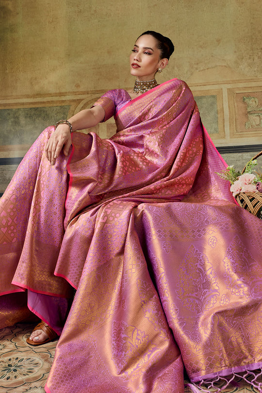 Azalea Peach Pink Handloom Silk Zari Woven Designer Ready to Wear Saree
