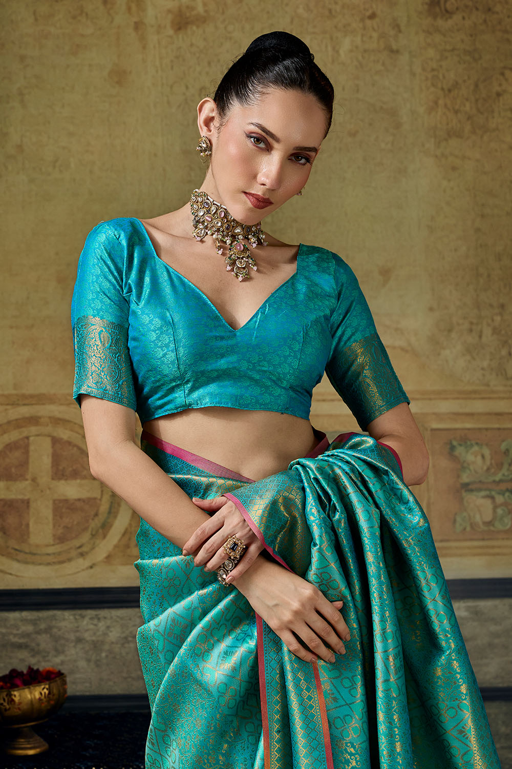 Azalea Turquoise Blue Handloom Silk Zari Woven Designer Ready to Wear Saree