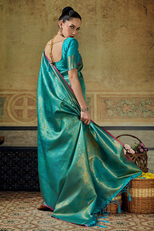 Azalea Turquoise Blue Handloom Silk Zari Woven Designer Ready to Wear Saree