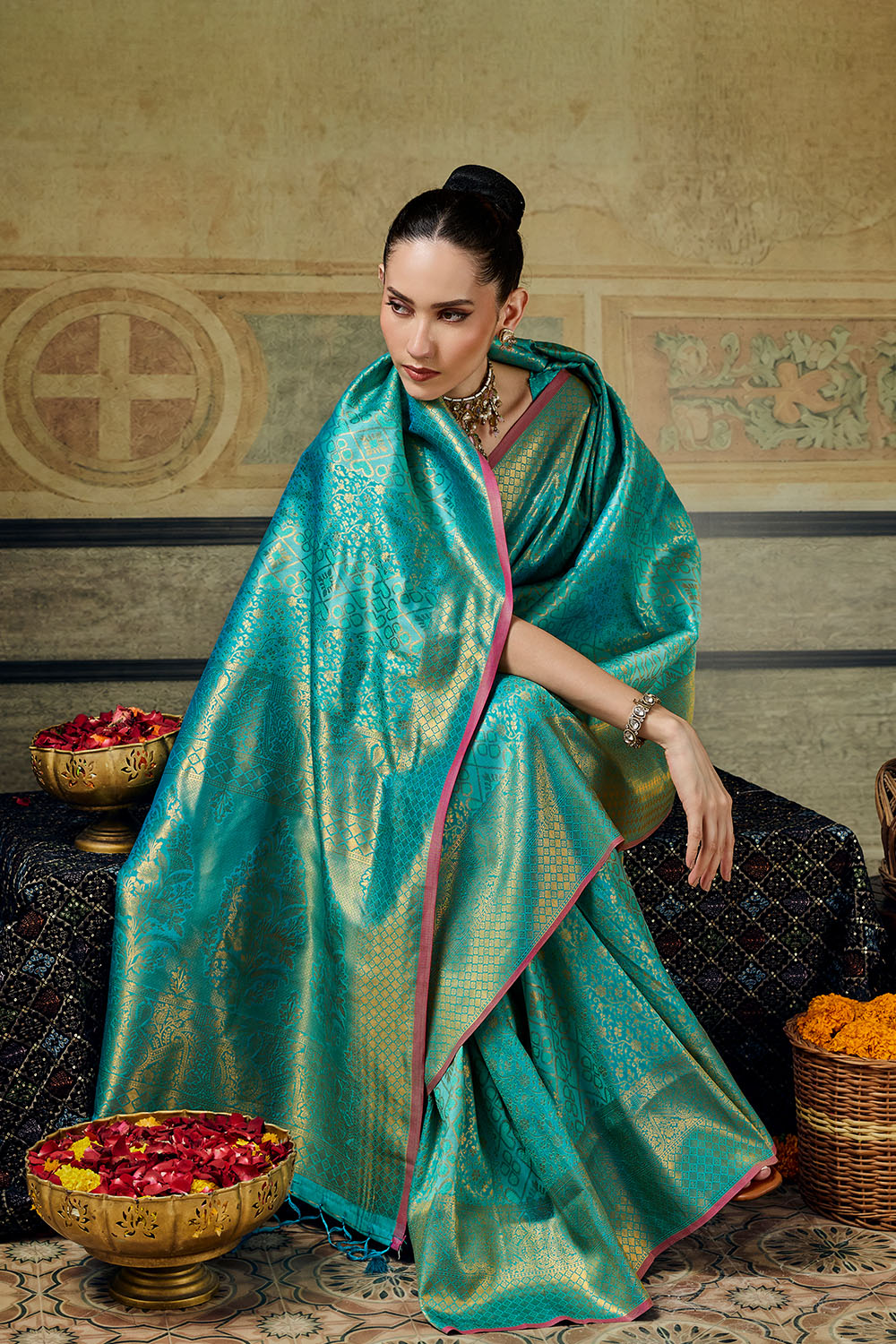 Azalea Turquoise Blue Handloom Silk Zari Woven Designer Ready to Wear Saree