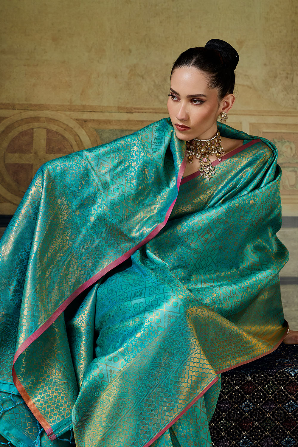 Azalea Turquoise Blue Handloom Silk Zari Woven Designer Ready to Wear Saree