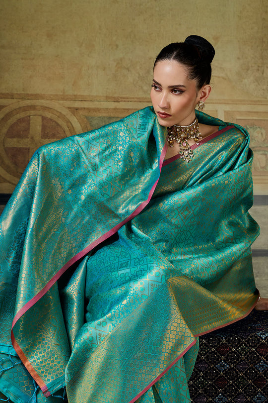 Azalea Turquoise Blue Handloom Silk Zari Woven Designer Ready to Wear Saree