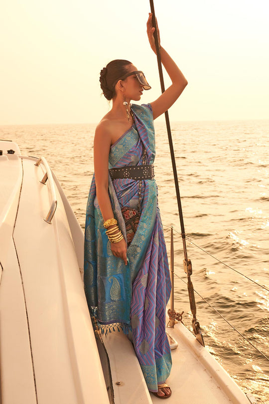 Deira Blue & Violet Satin Nylon Two Tone Weaving One Minute Saree