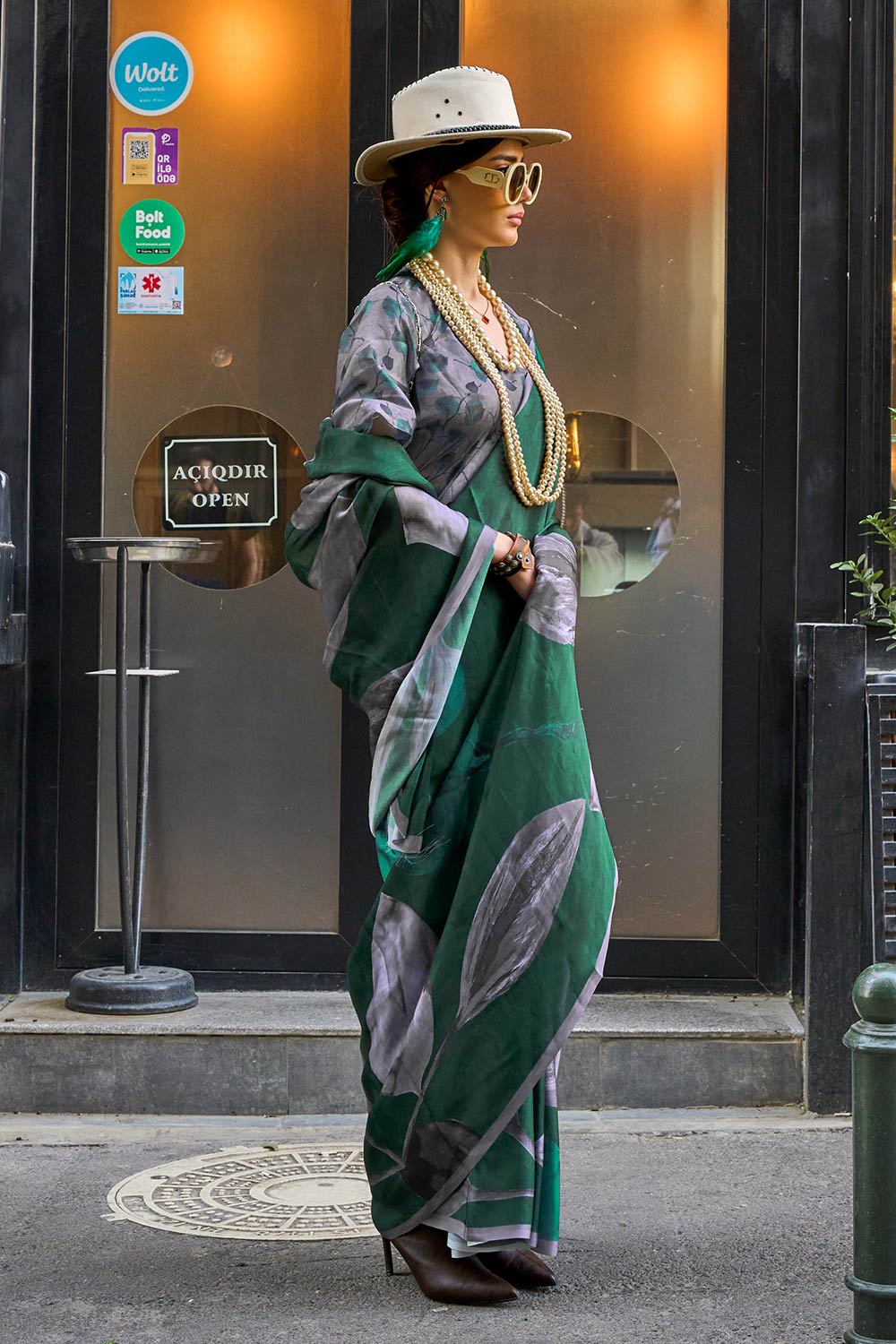 Mona Dark Green Printed Georgette Satin One Minute Saree