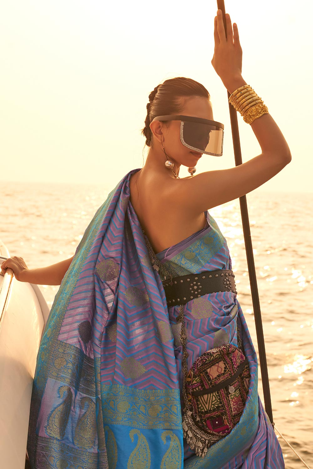 Deira Blue & Violet Satin Nylon Two Tone Weaving One Minute Saree