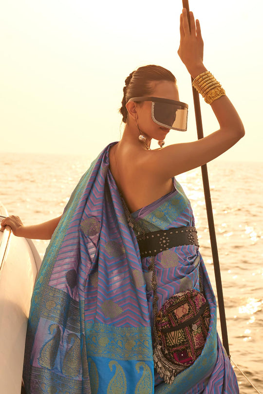 Deira Blue & Violet Satin Nylon Two Tone Weaving One Minute Saree