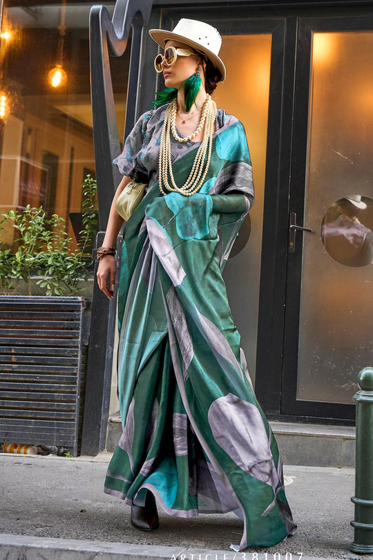 Mona Dark Green Printed Georgette Satin One Minute Saree