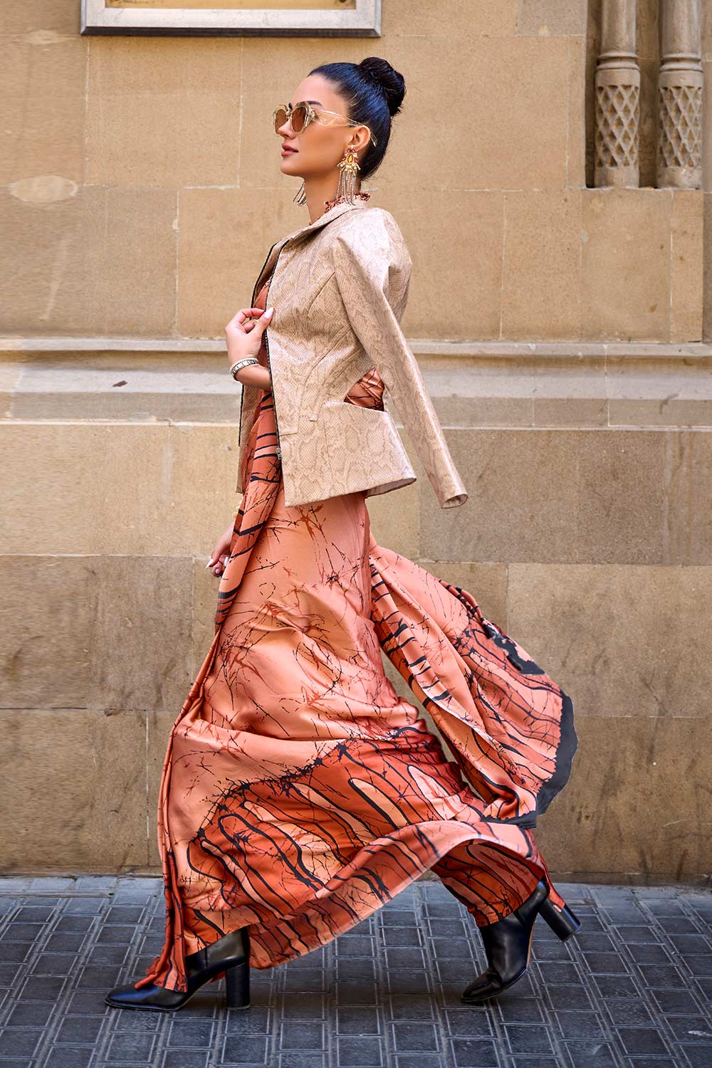 Amal Orange Abstract Printed Satin Crepe One Minute Saree