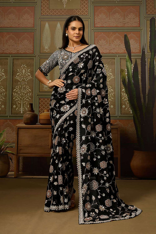 Shabana Luxe Black Viscose Organza Sequins Embroidered Jaal Ready to Wear Saree