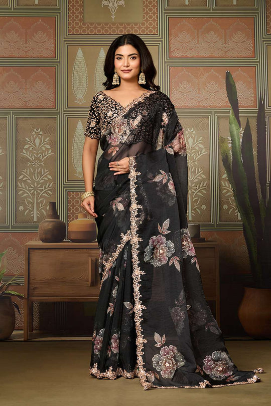 Risha Luxe Black Tissue Organza Saree with Cutdana Work Ready to Wear Saree