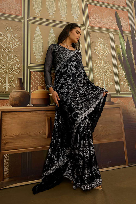 Alexia Luxe Black Viscose Organza Sequins Ready to Wear One Minute Saree