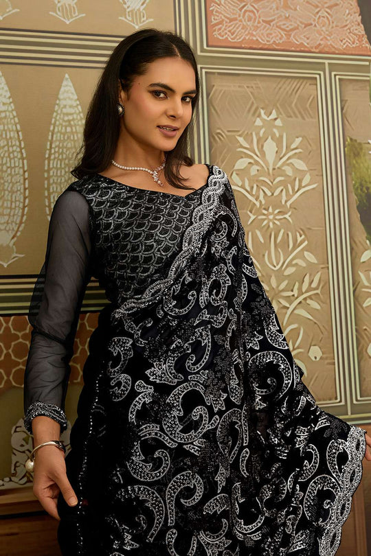 Alexia Luxe Black Viscose Organza Sequins Ready to Wear One Minute Saree